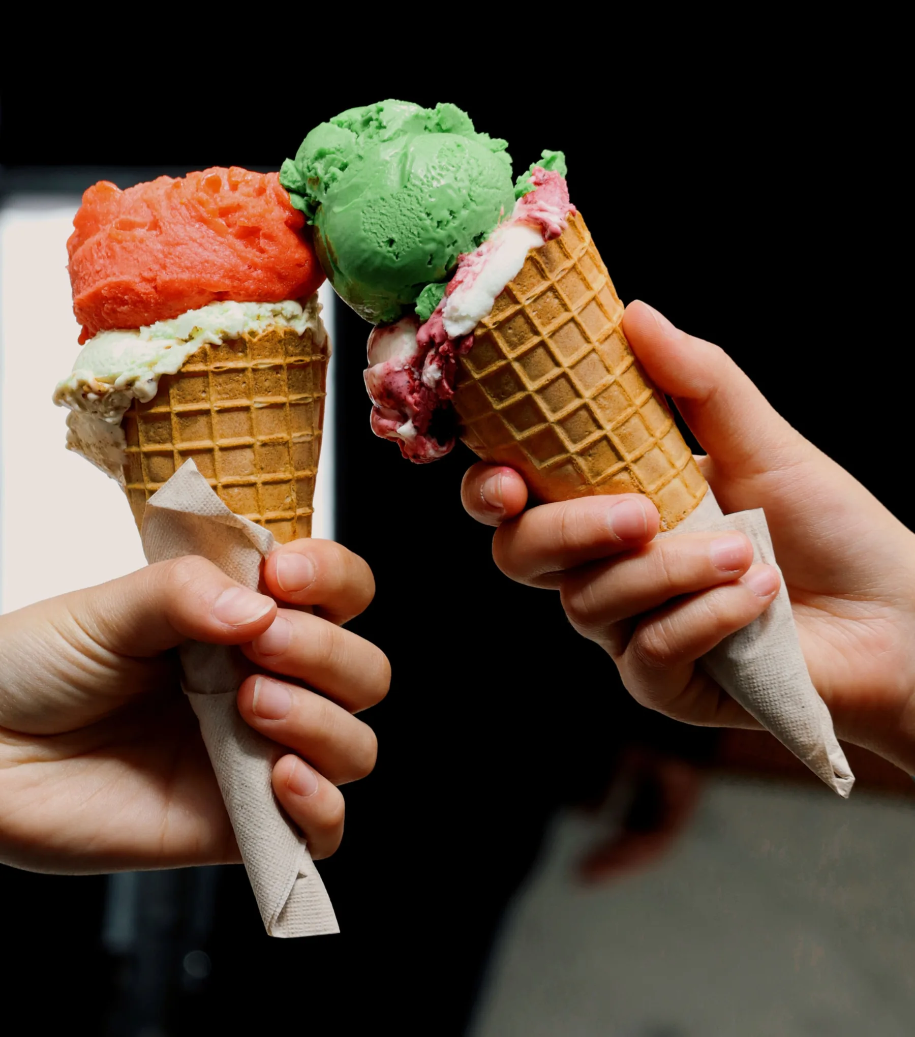Selection of colourful gelato cones